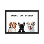 Black framed custom painted pet portrait with three dogs and names