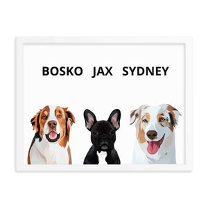 White frame custom painted pet portrait with three dogs and names