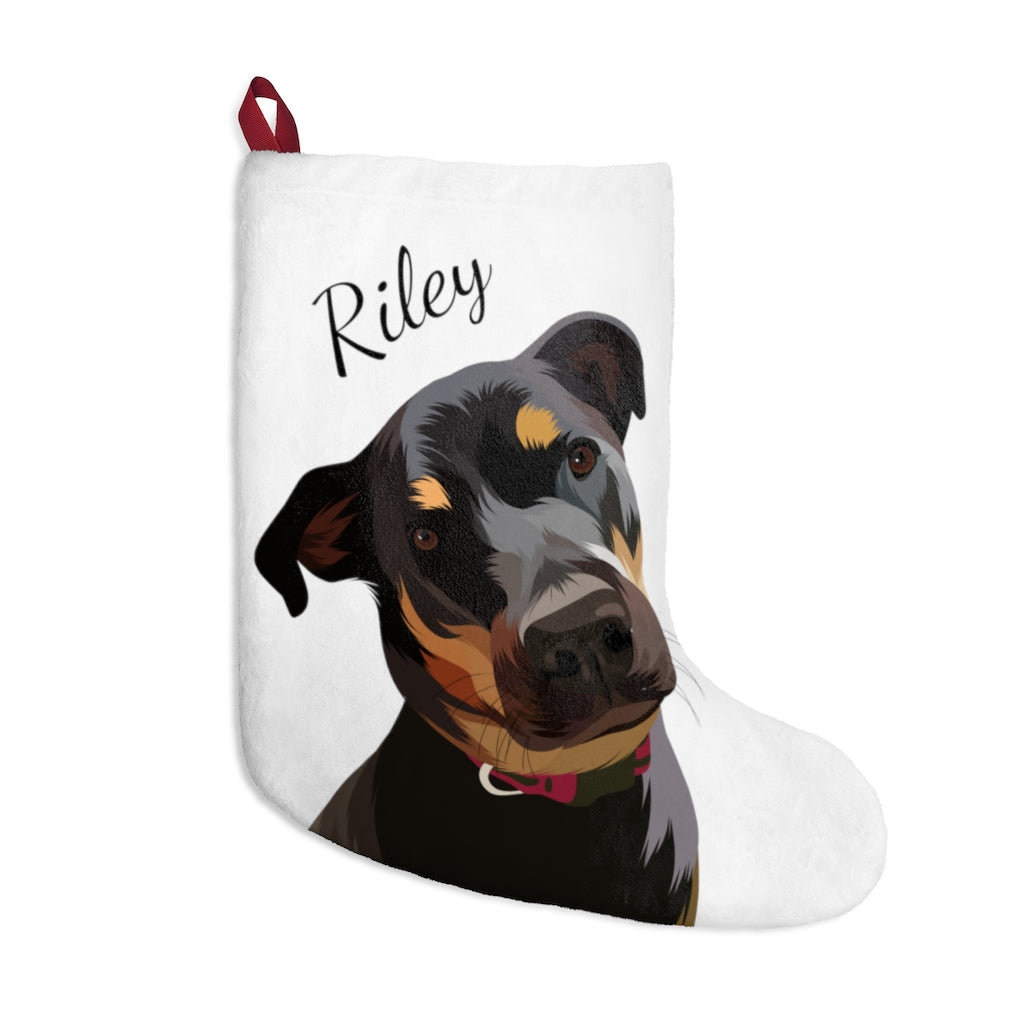 Christmas stocking with painted pet portrait and name 