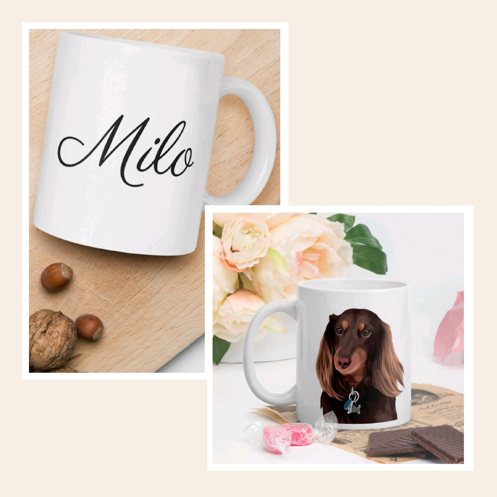 Personalized pet mug with dog painted portrait on one side and name on the other side