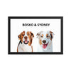 Black framed size custom painted pet portrait with two dogs and names